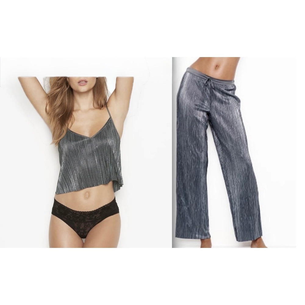 Victoria's Secret Gunmetal Shine Pleat Cami Wide-Leg Pant Pajama Set M 381847-EZ